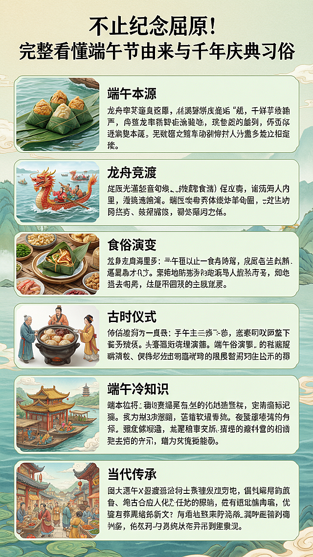 标题：不止纪念屈原！完整看懂端午节由来与千年庆典习俗
 
[内容]
只知道端午吃粽祭屈原？远远不够！作为我国首个世界人类非物质文化遗产节日，端午承载着先民防疫智慧，延续两千多年热闹庆典，底蕴远超想象。
 
端午本源：上古驱疫的卫生节日
 
古时农历五月湿热瘴气滋生毒虫疫病，被称作“恶月、毒月”，五月初五是毒日，先民诞生整套驱邪避瘟习俗，这才是端午最早起源。
悬挂菖蒲艾草、孩童佩戴五色香囊、点涂雄黄酒、系五彩丝线，都是为驱虫防毒、祈求四季安康。
后世慢慢叠加纪念屈原、伍子胥、曹娥等先贤传说，赋予节日家国忠义的精神内核，防疫祈福与缅怀先人相融，形成完整端午文化。
 
千年端午庆典，从古热闹至今
 
龙舟竞渡，水上盛会
 
竞渡历史超两千年，战国铜鼓文物已留存龙舟纹饰。
古时庆典玩法丰富：白日竞速夺标、水上抢鸭、水面竞射花炮，夜晚还有夜游彩船，沿岸百姓围观喝彩，场面盛大；如今各地龙舟赛依旧是端午核心盛典，呐喊声传承千年豪情。
 
食俗演变：粽子跨越春秋
 
春秋时期粽子称“角黍”，最初用来祭祀神灵先祖；历经演变诞生灰水粽、裹蒸粽、嘉兴肉粽、蜜枣甜粽等千百种口味，甜咸之争延续至今，一枚粽子藏着完整饮食发展史。
 
古时全套端午仪式
 
沐兰汤净身、斗草博弈、射柳、佩豆娘、赏龙舟大戏，宫廷民间皆有庆典。乾隆年间皇宫端午盛会，备上千枚粽子供皇室宫人分食，仪式排场十足。
 
端午冷知识科普
 
1. “端午”一词最早记载出自西晋《风土记》，作者正是“周处除三害”的周处；
​
2. 韩国江陵端午祭和中国端午节文化内核完全不同，当地无龙舟、不吃粽子，二者不能等同；
​
3. 端午是四大传统节日里首个入选世界非物质文化遗产的中华节日。
 
当代年轻人复刻传统庆典
 
如今年轻人重新拾起端午仪式感：自制中草药香囊、手编五色绳、体验斗草小游戏、打卡线下龙舟赛事、在家包手工粽子，沉浸式感受老祖宗流传下来的浪漫传统。
跨越千年的防疫智慧与民俗庆典，至今仍鲜活流淌在华夏生活里。