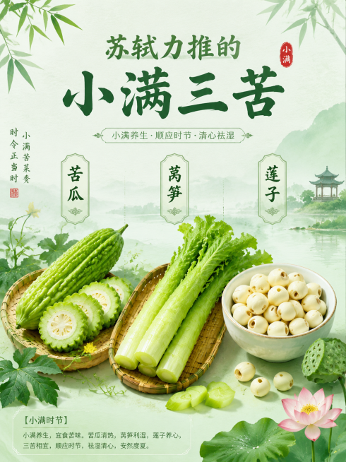 国风清新插画风格，小满三苦食材展示配图，标题文字"苏轼力推的小满三苦"，并列展示三种新鲜食材：苦瓜、莴笋、莲子，每种食材标上名称，青绿色清新自然配色，排版雅致，检查文字无错别字乱码，适合小红书节气养生预览效果