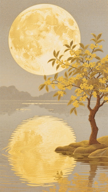 创建一个宁静和梦幻般的插图与柔和，温暖的黄色调色板。在顶部中央有一个巨大的满月，散发出柔和的光芒。在它的下方，描绘了一个平静的水体，完美地反射了月亮，创造了一个对称的金色反射和微妙的涟漪。在水的右边，预览效果