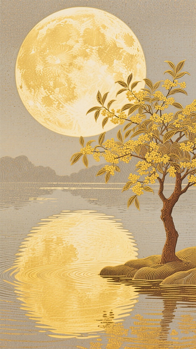 工笔风与浮世绘融合，鎏金月华映照静谧湖面，桂花树临水而立，古典中式意境中透出优雅唯美感，宛如中秋夜的诗意画卷。