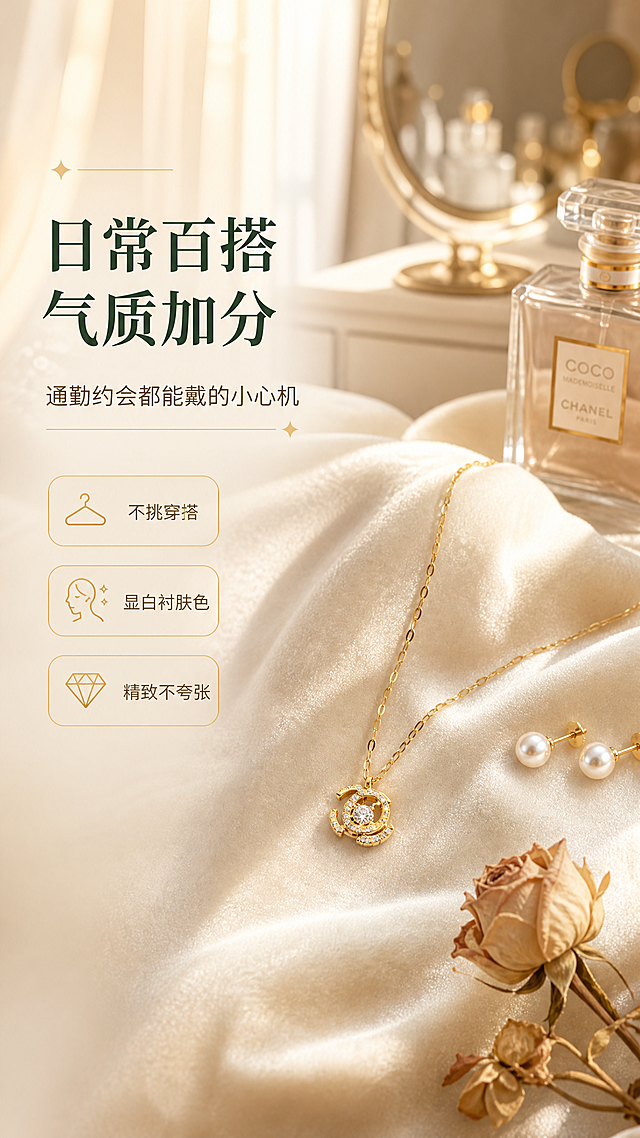 [商品] 使用【图1】金色双C锆石吊坠项链；保留双C造型锆石吊坠、金色唇形链条、整体金色调与锆石镶嵌结构；商品处理：增强锆石光泽与金属质感，自然摆放造型，保持产品原貌不变。
[画面] 目标为场景种草，展示项链日常百搭气质；左文右图构图，项链自然摆放在米白色丝绒布上，旁边搭配简约珍珠耳环、香水瓶、干枯玫瑰等氛围感道具；产品占画面50%，暖自然光从窗边洒入，背景虚化出卧室梳妆台场景，营造温柔精致的晨间梳妆氛围。
[视觉] 套系策略：风格=高级轻奢珠宝商业摄影；标题字=优雅衬线粗体；正文字=简洁现代无衬线体；主色=暖金色+墨绿；背景延展=基于米白、暖金、墨绿做深浅层级与渐变质感；强调色=香槟金，仅用于小面积图标、引线和高光点缀；标题色=深墨绿；正文色=暖棕灰；组件=圆角金边信息卡、细金线引线；光影=左前侧暖金柔光，突出金属与锆石反光质感。
[文字] 画面左侧主标题"日常百搭 气质加分"，副标题"通勤约会都能戴的小心机"，配3个短卖点"不挑穿搭""显白衬肤色""精致不夸张"，文字区靠左排列，不遮挡项链主体。
[规格] 图片比例9:16竖版，2K分辨率，避免变形、错字、文字过小、冷蓝背景、产品颜色改变、结构失真。