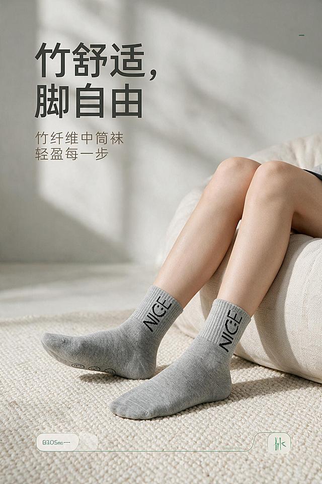 基于参考图生成详情页第1张（首图模特氛围海报）。100%继承原袜子的针织面料、纱线纹理、织物颗粒、原有NICE字母印花、袜底笑脸印花、自然褶皱、明暗光影，袜子质感完全复刻原图，禁止重新生成袜子材质，不抹平颗粒，不要塑料光滑感；仅适配环境光影，袜子本身纹路细节不做美化。保留袜型、颜色、罗纹袜口、袜跟结构、袜头形状和整体比例不变。
画面：左上方留白放标题，右下主体为模特双腿穿着浅灰中筒袜，自然倚靠在高级质感的米白色布艺懒人沙发上，脚搭在同色系编织地毯上，场景为极简北欧风居家空间，背景是柔和的浅灰墙面与暖白柔光，有自然窗影。中景偏全身腿部，产品占画面约55%。前景地毯肌理、中景模特腿部与袜子、后景虚化沙发与墙面。真实实拍，纪实质感，不过度修图。
套系视觉：风格=真实实拍纪实质感高级居家商业摄影；标题字=现代简约无衬线粗体；正文字=简洁无衬线体；主色=浅米灰+麻灰；背景延展=浅米灰深浅层级、同色渐变和细腻织物/墙面肌理；强调色=竹青绿（仅小面积图标、引线、装饰线条）；标题色=深炭灰；正文色=中暖灰；组件=细线引线、圆角浅底信息卡、极简竹纹小图标；光影=左前侧暖柔光，柔和自然阴影，低对比度，高级灰调。
文字：左上横排主标题"竹舒适，脚自由"，副标题小号字"竹纤维中筒袜 轻盈每一步"，文字不遮挡袜子主体和袜身NICE印花；所有文字横向排版，移动端清晰可读。
负向：避免袜子材质改变、纹理抹平、塑料光滑感、过度磨皮修图、错字、文字竖排、文字遮挡袜身印花、颜色失真、袜型变形、低俗擦边、极限词。