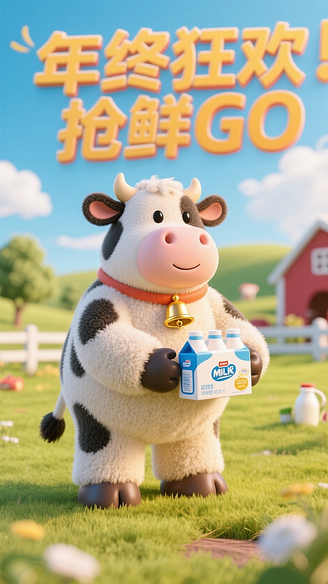 3D卡通奶牛拟人化设计，清新田园风，可爱感十足，年终促销创意海报。