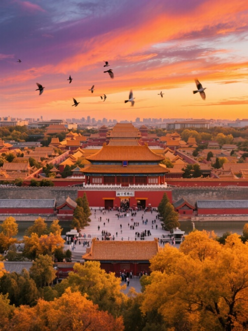 中国北京故宫博物院的全景景观，传统中式宫殿建筑群，橙红色的琉璃瓦屋顶，飞檐翘角，金黄色的秋日树叶环绕，前景是茂密的橙黄色树木，中景是宫殿广场和游人，远景是城市天际线，天空变换为绚烂的日落晚霞，橘红色和紫色渐变的云彩，一群飞鸟掠过天空，高饱和度色彩，清晰锐利的细节，写实主义风格，宏伟壮丽的氛围，温暖的光影效果，8K超高清分辨率，专业摄影级构图。预览效果