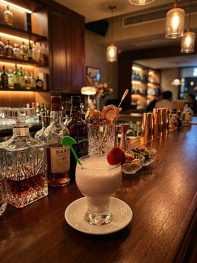 把图中鸡尾酒的背景换成酒吧的吧台