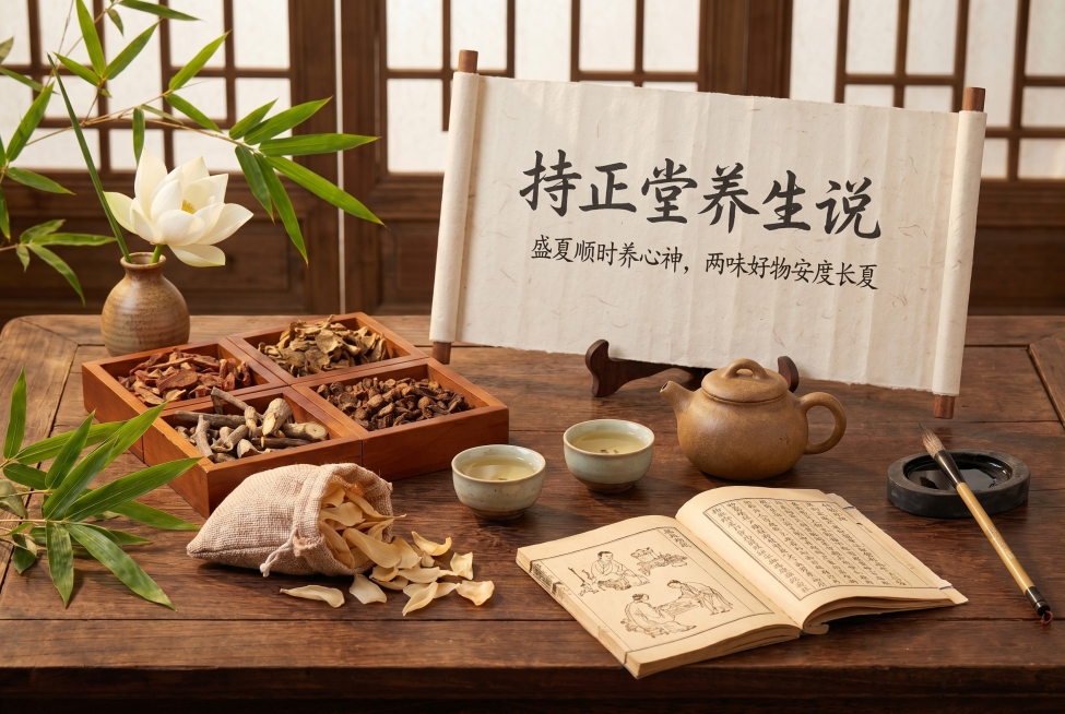 持正堂养生说｜盛夏顺时养心神，两味好物安度长夏，包含丹参和百合两味中药材，国风养生风格预览效果
