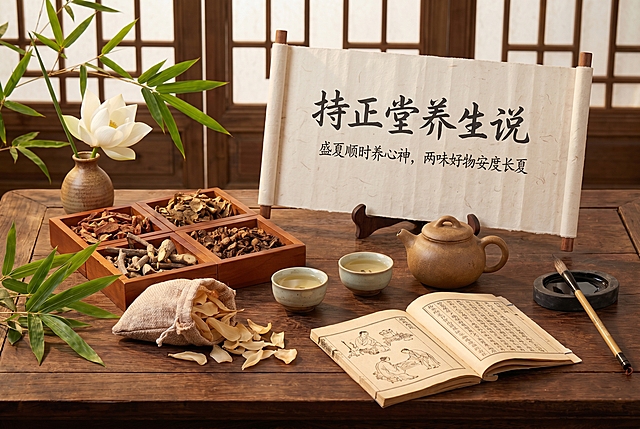 持正堂养生说｜盛夏顺时养心神，两味好物安度长夏，包含丹参和百合两味中药材，国风养生风格