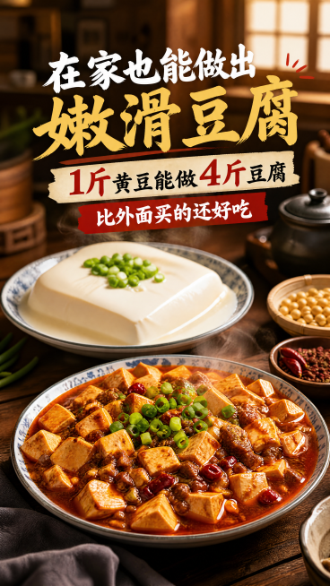 家常美食摄影，自制嫩滑豆腐、麻婆豆腐成品实拍，色泽诱人，烟火气十足，包含文案"在家也能做出嫩滑豆腐，1斤黄豆能做4斤豆腐，比外面买的还好吃"预览效果