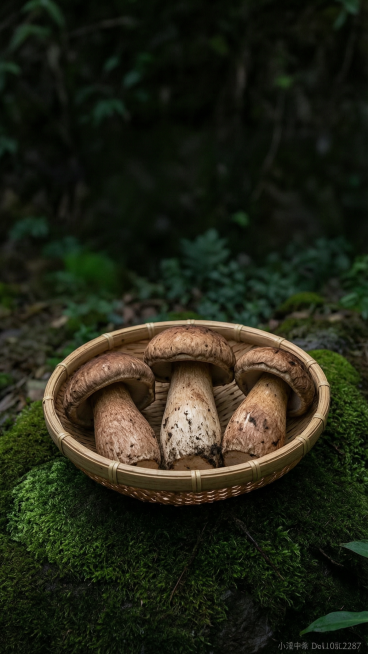 参考图片风格，竹筐装着新鲜牛肝菌野生菌，深色深绿色苔藓山野背景，无任何文字，自然无公害，深色系竖版9:16海报预览效果