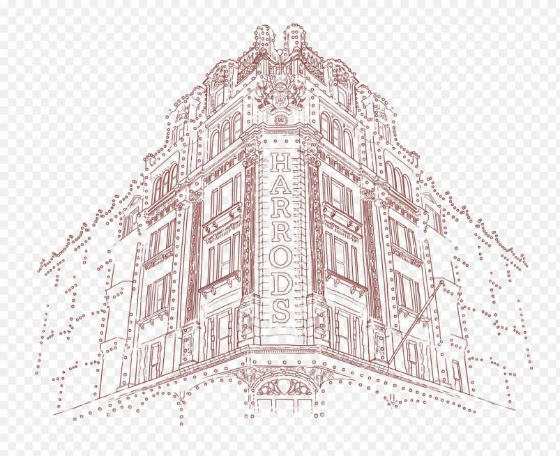 参考图片风格，重新生成哈罗德百货建筑线稿画面，保留原图线条和点状装饰风格，设置透明背景预览效果