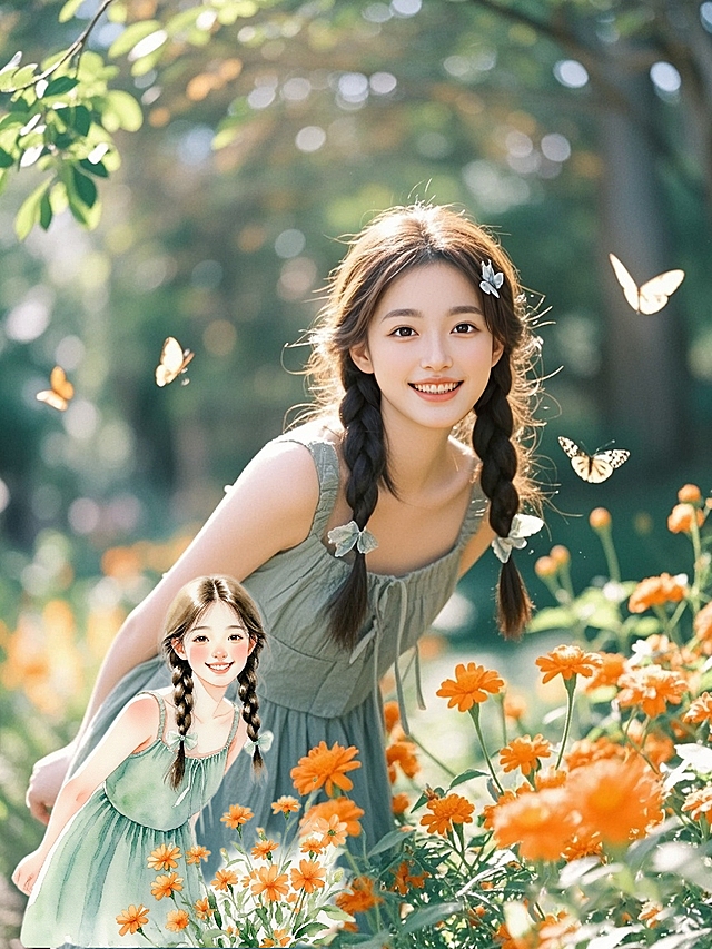 清新甜美，卡通插画风，水彩质感，少女与花海，梦幻自然。