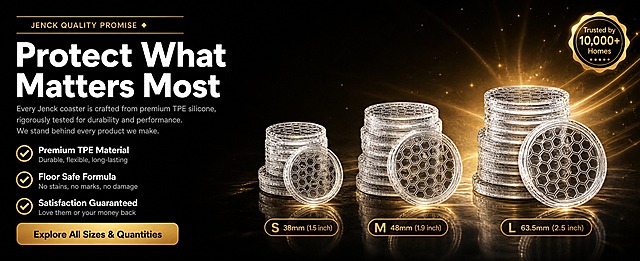 [商品] 使用【图9】透明硅胶家具脚垫产品图；保留圆形透明TPE材质、蜂窝状内层纹理、网格状外层纹理、产品整体形态；清晰化产品边缘和纹理细节，增强透明材质的通透感，不改变产品结构和颜色。
[画面] 目标：电脑端品质承诺页，左右分栏布局，左侧文字右侧产品。右侧展示S/M/L三种尺寸的堆叠对比，从小到大排列，每叠前面平放1个展示顶面纹理。产品占画面约50%，位于右侧。左侧为文字区。背景为深黑色渐变，右侧有放射状金色光束效果，底部有金色反光地面。阅读动线：从左至右，先看文字卖点再看产品尺寸对比。
[视觉] 套系策略：风格=亚马逊高端黑金商业摄影风；标题字=现代无衬线粗体（英文字体）；正文字=简洁无衬线体；主色=深炭黑；背景延展=基于深炭黑做径向渐变、右侧放射状金色光束、底部金色反光地面、细腻颗粒质感；强调色=金属金色，仅用于图标、按钮、装饰线条、徽章和光效；标题色=纯白色；正文色=浅灰色；组件=金色对勾圆圈图标、金色圆角按钮、金色尺寸标签、金色信任徽章；光影=右侧暖金色光束从后向前照射，产品有金色轮廓光，底部有反射，右上角有金色Trusted by 10,000+ Homes徽章。
[文字] 左侧区域：顶部金色小字"JENCK QUALITY PROMISE"带金色装饰线和菱形，主标题"Protect What Matters Most"（白色超大字号粗体，两行），说明文字"Every Jenck coaster is crafted from premium TPE silicone, rigorously tested for durability and performance. We stand behind every product we make."（浅灰色）。下方3个卖点，每个带金色对勾圆圈图标："Premium TPE Material / Durable, flexible, long-lasting"、"Floor Safe Formula / No stains, no marks, no damage"、"Satisfaction Guaranteed / Love them or your money back"，标题白色粗体，说明浅灰色。底部金色圆角按钮"Explore All Sizes & Quantities"（黑色粗体字）。右侧产品下方各有金色标签：S 38mm (1.5 inch)、M 48mm (1.9 inch)、L 63.5mm (2.5 inch)。右上角金色徽章"Trusted by 10,000+ Homes"。所有文字横向排版，不重叠。
[规格] 图片比例61:25横版（超宽幅），4K分辨率，quality=medium。避免变形、错字、文字过小、产品结构失真、颜色改变、冷蓝色调、纯白背景、文字重叠、元素拥挤。