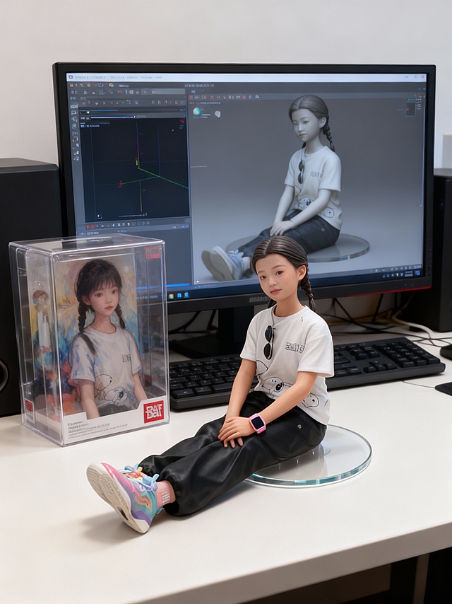 现代感与科技感交融的3D重拟物风手办，搭配虚拟现实设计元素，透明塑料盒与玻璃质感底座强化未来美学，展现数字时代的收藏新范式。