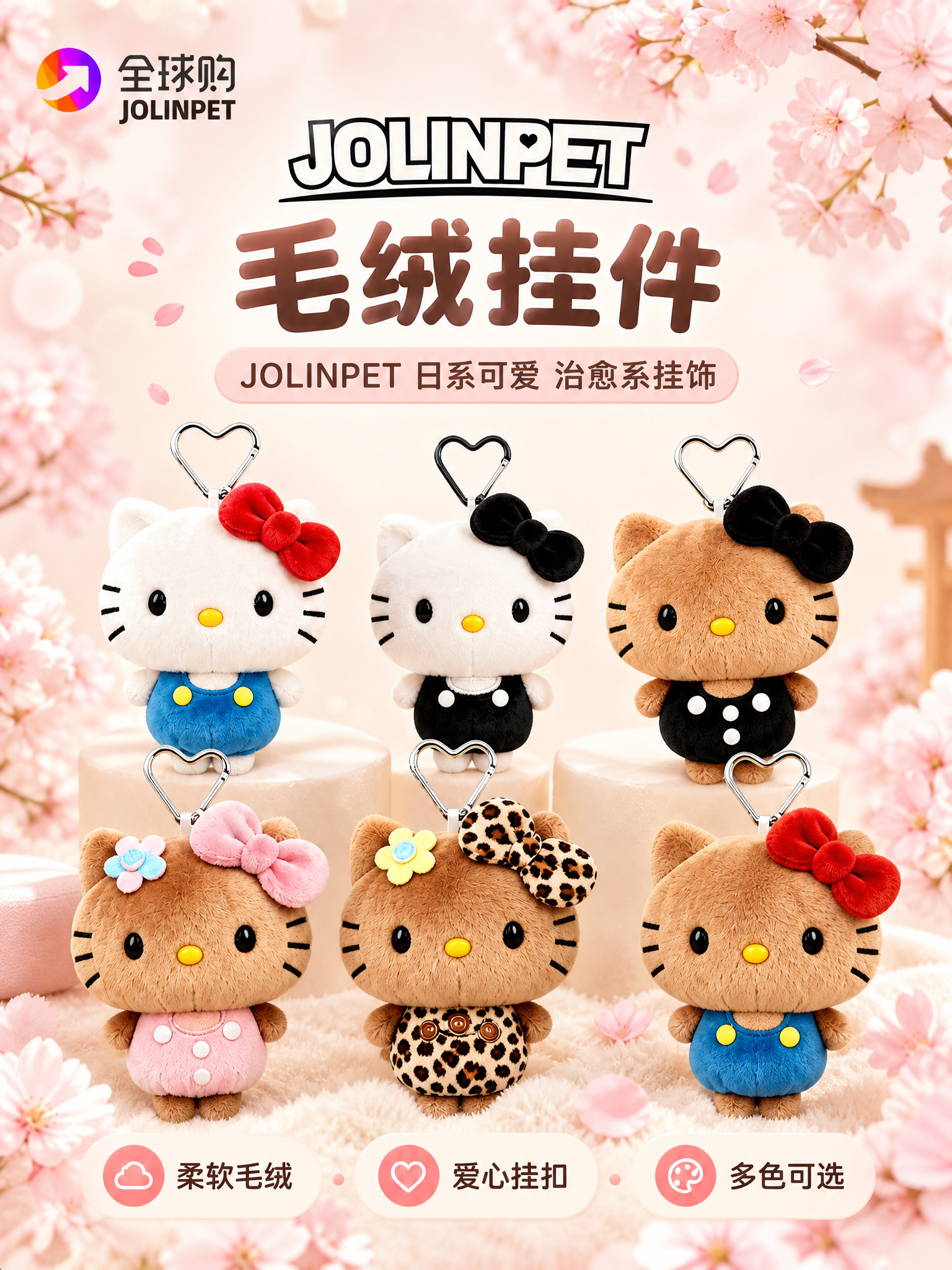 日系樱花治愈风电商主图，展示6款JOLINPET毛绒挂件，粉色… - 图片创意预览