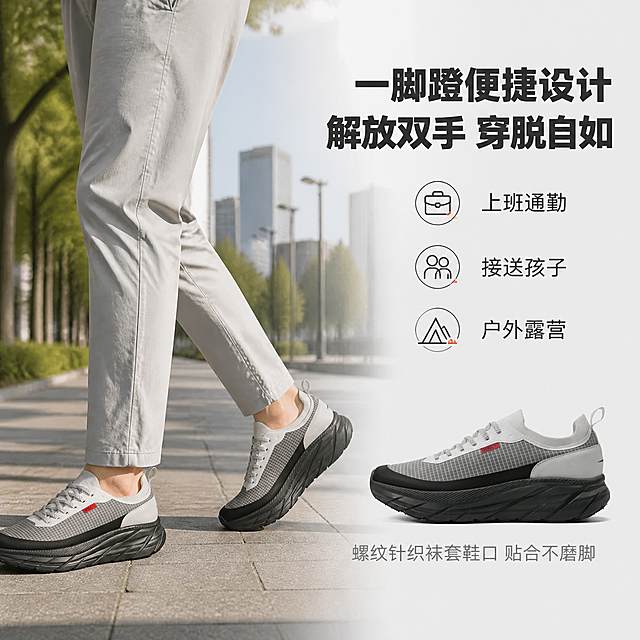 [主图-3] 上脚场景图，主题为展示一脚蹬便捷穿脱与多场景适配，突出通勤与轻运动场景。
[统一基调] 高级户外机能风，整体以深灰、雾蓝、浅米为主色调，强调色用活力橙红点缀；字体为无衬线粗体中文，主标题大字粗黑，副标题缩小60%，图标为线性机能风；画面干净专业。
[画面] 画面左侧为亚洲年轻男性模特下半身（仅展示腰部以下），穿着浅灰色休闲裤，脚上穿着本款运动鞋正在城市步道上行走迈步，右脚在前脚掌着地，左脚在后抬起，动态自然；模特行走在铺有地砖的城市公园步道上，背景有虚化的树木、路灯和现代建筑轮廓，营造通勤日常氛围；画面右侧留负空间，放置一只同款鞋子的侧面产品图作为辅助展示，占右侧约30%。
[光影质感] 自然光户外摄影质感，上午柔和阳光从侧后方照射，地面有自然的人影，鞋子上脚后贴合脚型，鞋口袜套部分自然包裹脚踝，褶皱真实自然。
[配色] 场景以城市灰绿调为主，背景虚化柔和；标题字深灰，辅助字中灰，强调色橙红。
[文字版式] 右上角主标题大字两行：「一脚蹬便捷设计」「解放双手 穿脱自如」；主标题下方三行小图标配文：「上班通勤」「接送孩子」「户外露营」；底部一行小字：「螺纹针织袜套鞋口 贴合不磨脚」；文字全部放在右侧负空间，不遮挡模特和鞋子。
[输出要求] 1:1正方形，2048px，上脚效果真实自然，鞋型与原图一致；禁止人物面部出现、禁止肢体畸形、禁止鞋型变形、禁止错字模糊水印平台Logo。