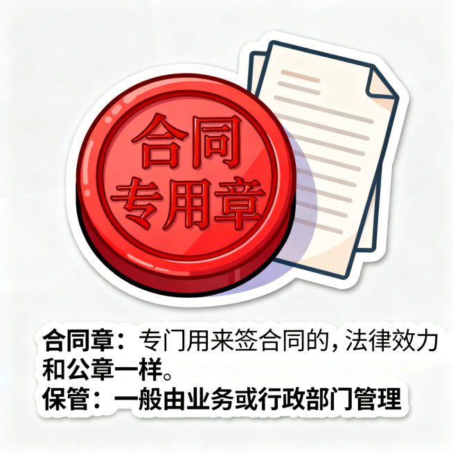 卡通风格插图贴纸：合同章，一个圆形红色印章，上面刻有合同专用章字样，旁边有合同文件图案，文字说明'合同章：专门用来签合同的，法律效力和公章一样。保管：一般由业务或行政部门管理'，背景简洁，色彩明亮预览效果