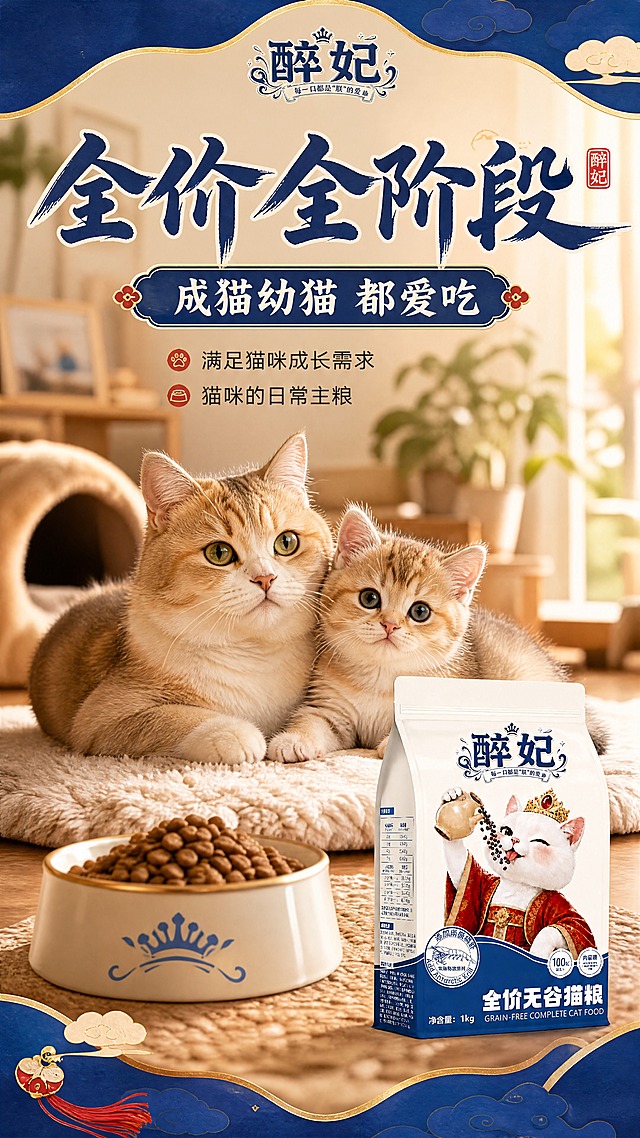 [商品] 使用【图1】醉妃全价无谷猫粮包装放在画面右下角，占画面约20%；保留包装所有原貌。
[画面] 目标：全阶段适用页，成猫幼猫皆可食用。构图：场景氛围型，画面中上部一只温顺成猫与一只可爱幼猫同框，猫咪毛色自然，姿态亲昵；背景为温馨居家客厅角落，有猫窝、小地毯、柔和自然光；产品包装放在前景右侧，与猫咪场景自然融合；≥3层环境层次（前景包装与猫粮碗、中景猫咪、背景虚化客厅）。
[视觉] 套系策略：风格=国潮宫廷萌系商业摄影，食品级食欲感；标题字=国风书法粗体，带轻描边；正文字=圆润无衬线体；主色=藏青蓝 + 暖金；背景延展=基于藏青蓝与暖金做深浅层级、同色渐变、祥云纹理和纸张质感；强调色=朱砂红，仅用于小面积图标、引线、标签和点缀；标题色=藏青蓝；正文色=深炭灰；组件=圆角白底信息卡、细线引线、国风印章式标签；光影=右侧暖调自然光，柔和温馨。
[文字] 左上主标题「全价全阶段」，副标题「成猫幼猫 都爱吃」；下方2行短说明：「满足猫咪成长需求」「猫咪的日常主粮」；所有文字横排，不遮挡猫咪主体。
[规格] 图片比例9:16竖版，4K，负向提示：避免猫咪形象怪异、出现功效类表述、"健康"字眼、极限词、平台名称、包装变形、文字竖排、冷色调主导。