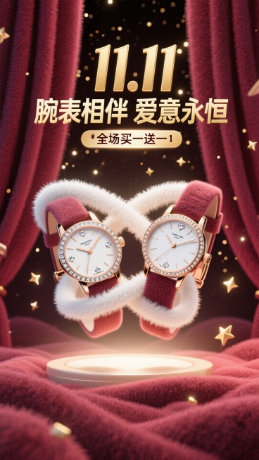 海报采用深邃的勃艮第酒红色背景，犹如天鹅绒幕布。画面中央，一道光束打下，聚焦于一对优雅交叉的男女款奢华腕表。表盘上的钻石与金属细节在光线下熠熠生辉，仿佛悬浮于璀璨星河之中。背景中若隐若现的金色光斑，如预览效果