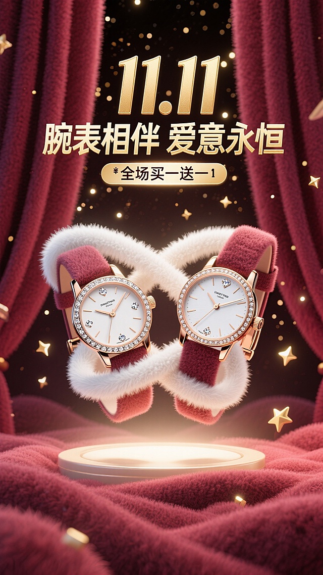海报采用深邃的勃艮第酒红色背景，犹如天鹅绒幕布。画面中央，一道光束打下，聚焦于一对优雅交叉的男女款奢华腕表。表盘上的钻石与金属细节在光线下熠熠生辉，仿佛悬浮于璀璨星河之中。背景中若隐若现的金色光斑，如同繁星点点。
白色的“11.11”logo，巨大亮金色质量的主标题“腕表相伴 爱意永恒”，悬浮于手表上方，与副标题“全场买一送一”形成大小和字重的对比，整体感觉高端、浪漫且充满仪式感。