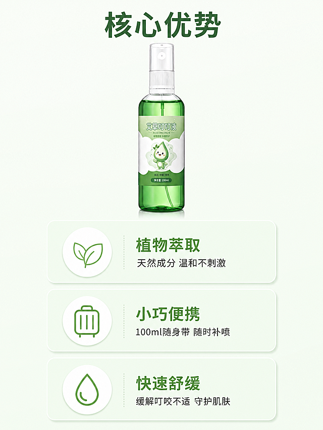 使用商品详情页技能根据商品图「图片1」「图片1」生成1套详情页，参考图为，商品名称为艾草叮叮喷雾，卖点为【核心卖点】  植物萃取 温和防护：采用艾草提取液等天然成分，温和不刺激，适合多种肤质，为肌肤提供多重防护。 便携设计 随时守护：100ml小巧瓶身，轻松放入包中，外出、通勤、旅行随时补喷，防蚊舒缓两不误。 舒缓效果 快速缓解：蚊虫叮咬后轻喷，快速缓解不适，日常防蚊更安心，守护全家肌肤健康。 【使用场景】  户外野餐：家庭野餐时，为孩子和家人喷一喷，远离蚊虫叮咬，享受自然时光。 儿童玩耍：孩子在公园玩耍，随时补喷，守护宝贝娇嫩肌肤，避免叮咬红肿。 通勤路上：上班族挤地铁、等公交，喷一喷防蚊，保持清爽舒适，避免尴尬叮咬。 睡前防护：睡前在卧室喷一喷，营造无蚊环境，安睡一整晚，提升睡眠质量。，适配平台为淘宝/天猫，图片比例为3:4，需求屏数为8张，其他要求为