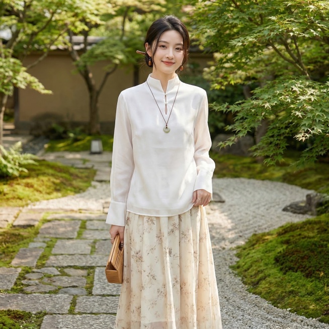 20-25岁长相甜美的年轻东亚女生，全身照，展示图中的这件白色立领水滴扣上衣，搭配米白色碎花半身裙，上衣不塞下装。女生留低丸子头，用木质发簪固定，几缕碎发修饰脸颊，佩戴木质耳坠、和田玉平安扣项链，手拿预览效果