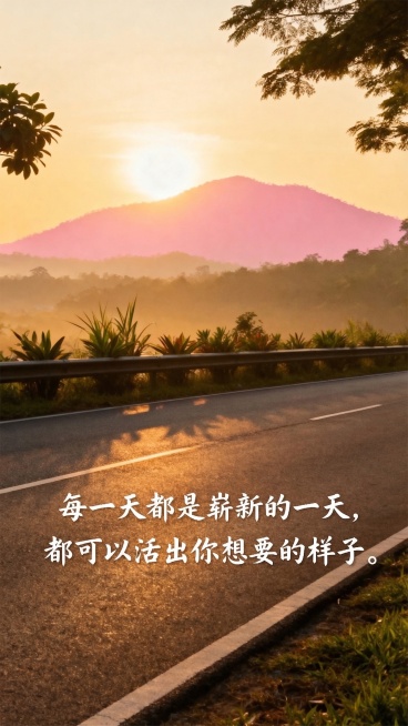 在这张图片最后一行文字的末尾添加一个句号。原图片其他内容完全保留：公路日出风景，文字内容为“每一天都是崭新的一天，都可以活出你想要的样子”，仅在最后添加句号，其余内容、风格完全不变。预览效果