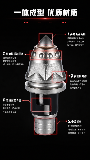 [第4屏] 结构材质解析-工程截齿结构与材质展示。
[氛围/风格] 专业解析风格，深色工业风，清晰标注，科技质感。
[元素布局] 本屏使用【图2】作为产品主体，保持产品整体结构颜色材质一致。产品放置在预览效果