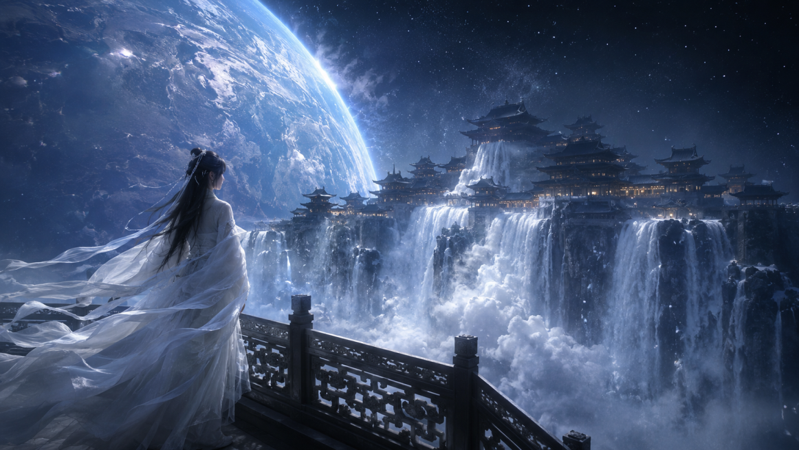 低角度全景场景，开场以白衣女子的侧影为前景，白衣女子立于深色雕花观景台边，栏杆为中式纹样，面向瀑布与宫殿；女子的白色纱质长裙与飘带随气流大幅飘动，衣袂在瀑布水汽中翻飞，长发轻扬；中景是悬空的巨型中式宫预览效果