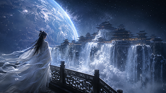 低角度全景场景，开场以白衣女子的侧影为前景，白衣女子立于深色雕花观景台边，栏杆为中式纹样，面向瀑布与宫殿；女子的白色纱质长裙与飘带随气流大幅飘动，衣袂在瀑布水汽中翻飞，长发轻扬；中景是悬空的巨型中式宫殿群，黑瓦飞檐，层叠分布，建筑细节精致，两侧是宽幅瀑布，水流从宫殿平台边缘倾泻而下，形成巨大的水幕，瀑布水流奔腾而下，形成水雾弥漫的效果，水花飞溅，水流带有动态模糊，宫殿群的窗内灯火微闪，整体建筑在水雾中若隐若现；背景是宇宙空间，左侧是巨型蓝色星球，表面有清晰的云层纹理，边缘有大气辉光，星球表面有云层纹理的微弱变化，边缘的大气辉光柔和闪烁，星空深邃，整体色调偏冷，宫殿群在黑暗的背景中呈现剪影效果，灯火与瀑布的白光形成强烈对比；侧逆光从星球方向照射，在瀑布水雾中形成柔和的光晕，宫殿群处于阴影中，仅灯火与瀑布泛着微光，营造神秘空灵的氛围感；UE5电影级渲染，8K超清，HDR，电影级景深，动态模糊，国风仙侠史诗氛围，无畸形结构，无西方元素，画面干净通透