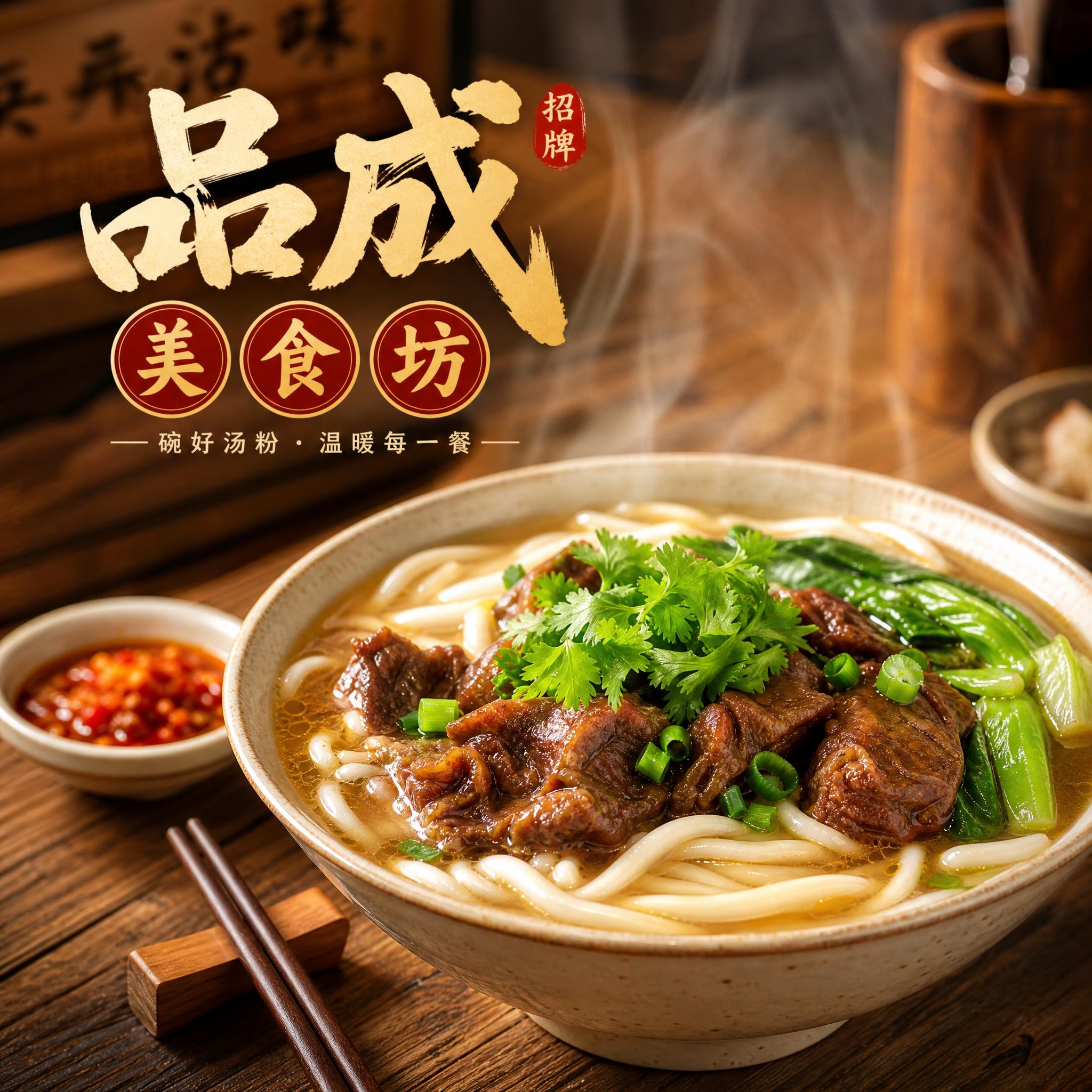 汤粉店头像设计，店名"品成美食坊"，写实摄影风格，画面主体是一… - 图片创意预览