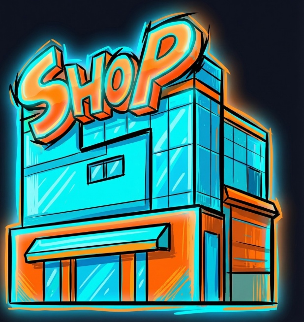 参考第一张图的图标风格：赛博朋克撞色描边风，鲜艳的青蓝色和橙色搭配，带黑边和霓虹外发光，手绘卡通质感，参考第二张图的图标造型：带'Shop'立体字的商店建筑，生成一个新的图标，保持第一张图的色彩和描边预览效果