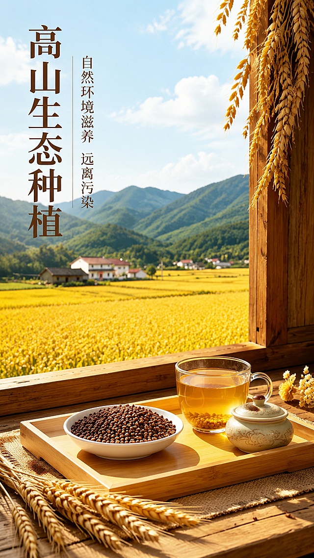 [第3屏] 黑苦荞茶产地环境展示。本屏使用【图8】作为场景参考。
[氛围/风格] 开阔自然，原生产地，阳光明媚，自然清新。
[元素布局] 窗台木茶盘上摆放装好黑苦荞颗粒的白瓷碗、盛好茶汤的玻璃杯和储存罐，窗外是开阔的金色苦荞田和远山村落，颗粒占主视觉区域约30%，窗外产地景观占背景约60%，前景搭配天然麦穗装饰，整体突出产地优势。
[光影质感] 自然光入户，光影斑驳柔和，整体通透明亮。
[配色色系] 全局底色 #F6F1DF；主色原木棕+谷物金；辅助色远山青绿。
[视角构图] 平视，近景窗台场景，窗外大景深远景。
[文字版式] 左侧竖排主标题「高山生态种植」，副标题「自然环境滋养 远离污染」，深棕色温润宋体，不遮挡主体产品。统一深棕色纯色文字。
[比例分辨率] 9:16 竖版比例，4K分辨率，文字清晰可辨，高清画质。
[负向提示词] 产品变形，文字错乱，建筑杂乱，虚假地标信息。