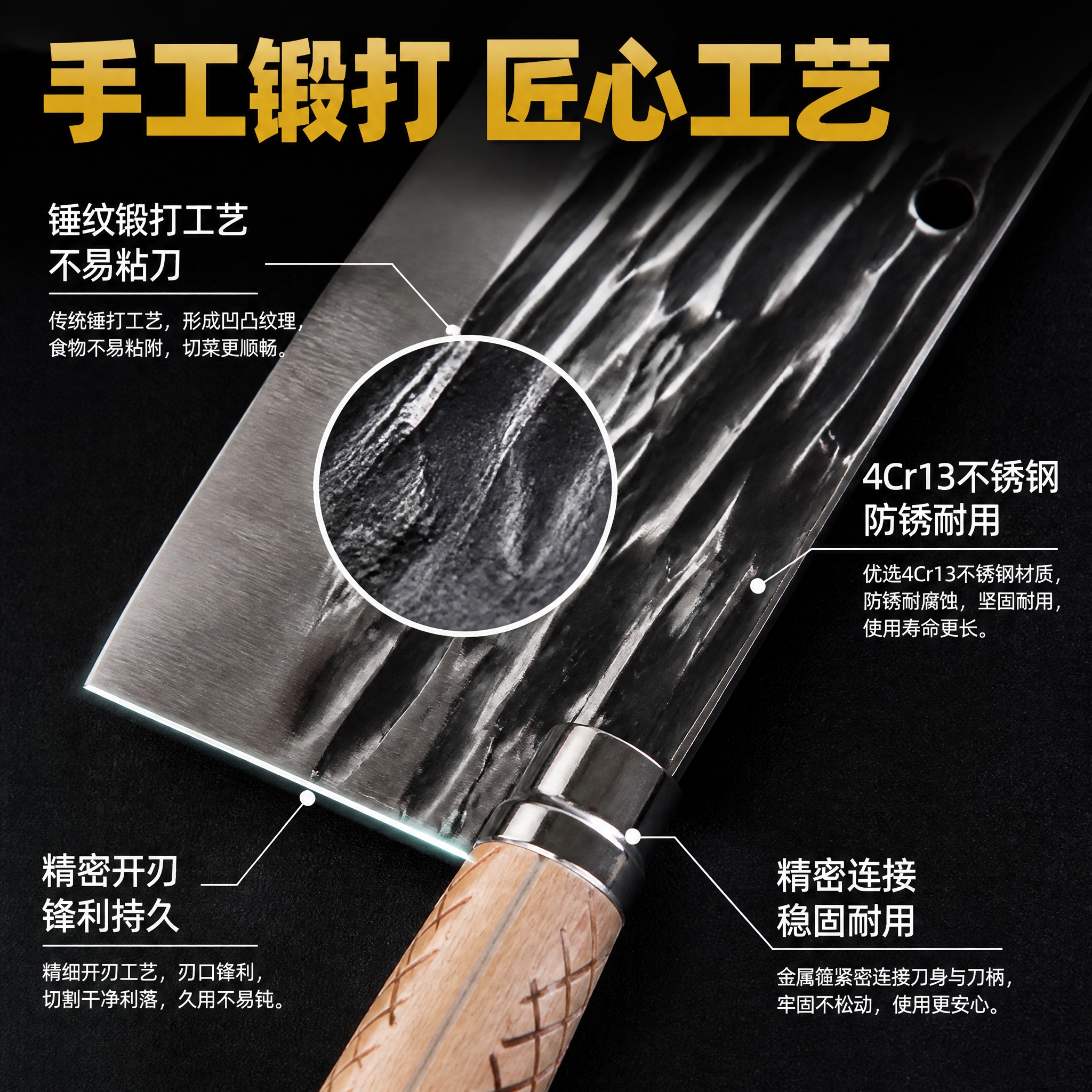 [主图-3] 龙水锤纹切片菜刀材质工艺细节图，微距展示锤纹锻打… - 图片创意预览