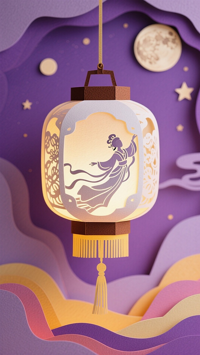 🎇纸雕灯笼绘嫦娥，淡紫夜空中秋超梦幻🌙