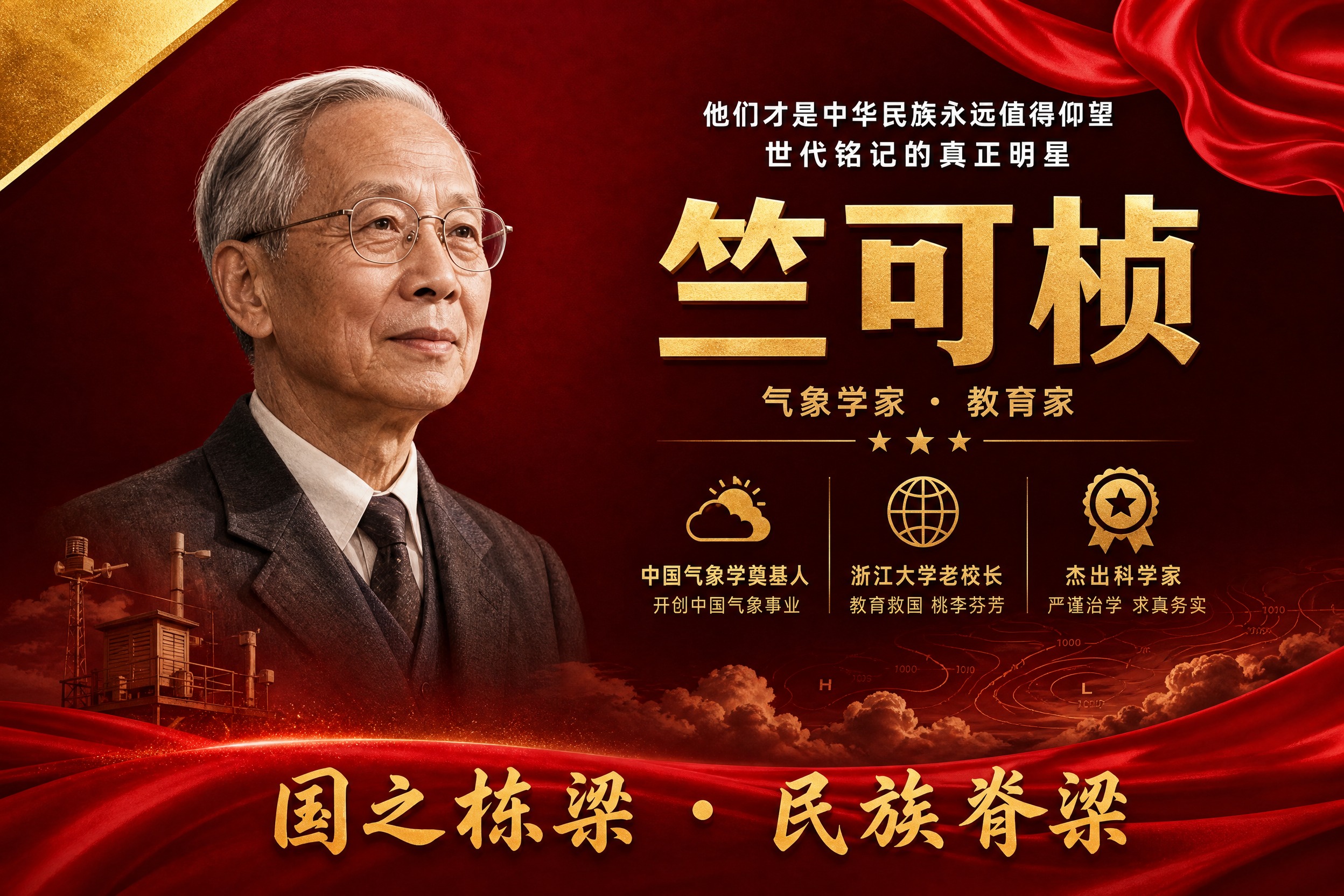横版国之栋梁人物挂画海报，竺可桢主题，参考图风格复刻，红金配色… - 图片创意预览