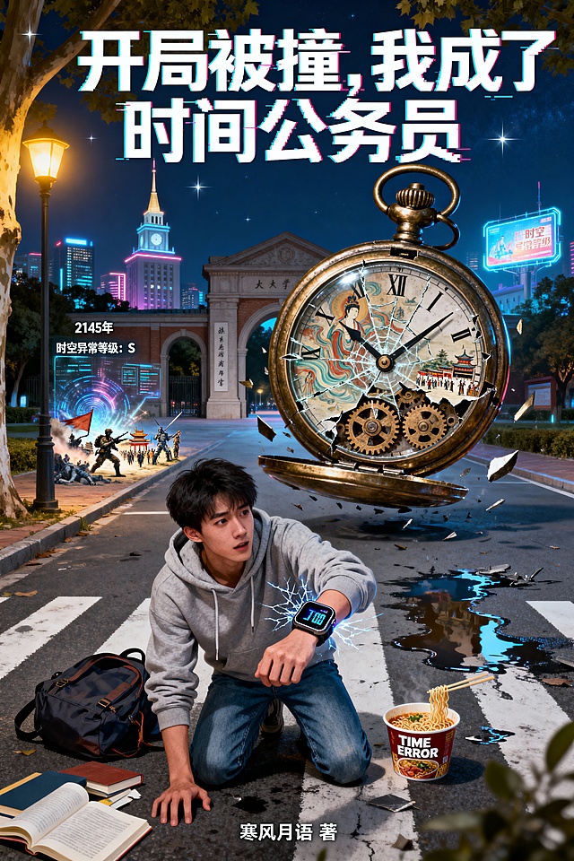 竖版网文封面，都市轻科幻+校园奇幻风格。背景是深夜大学校门与2145年霓虹城市交融：图书馆尖顶旁悬浮全息广告“时空异常等级：S”，梧桐树影下斑马线残留车祸水痕。中央一个巨大碎裂的青铜齿轮怀表悬浮空中，表盘玻璃蛛网般裂开，指针逆向狂转，内部透出微缩的历史场景——敦煌壁画流动、唐长安街市闪现、未来战场数据风暴交织。前景一位穿连帽卫衣+牛仔裤的年轻男大学生（林硕）半跪在地，刚从撞击中清醒，书包甩在一旁，散落课本与泡面桶；他抬起手腕，露出一块屏幕炸裂的智能手表，数字疯狂跳动“TIME ERROR”。顶部大字书名《开局被撞，我成了时间公务员》，字体融合打字机粗体与故障像素风；底部小字“寒风月语 著”，清冷银灰带星光。整体色调：深靛蓝+校园路灯暖黄+时空幽蓝光，高对比、电影感、带黑色幽默与命运转折氛围，8K高清，