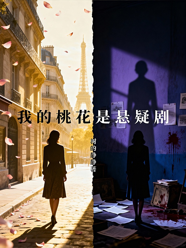 光影阴谋】

· 设计概念：强调“画风突变”和“侦探”视角。采用电影感强烈的光影对比构图，突出戏剧冲突和悬疑氛围。
· 画面构想：
  · 主视觉：封面被一道锐利的光影斜切为两部分。左侧（光亮处）是女主角（背影或剪影）在浪漫的巴黎街景或花瓣雨中；右侧（黑暗处）则是同一个女主角，站在阴影里，面前是散落的文件、血迹斑斑的旧物或一个神秘的背影，墙上可能有投射的犯罪线索影子。
  · 色彩：左侧暖黄/浅金色，右侧深蓝/暗紫色，对比强烈。
  · 文字排版：
    · 书名：我的桃花是悬疑剧  使用干净利落、有力量的现代字体，横跨光暗交界处，仿佛被那道“光”切开。
    · 笔名：  树的静静著    置于光影分界线上。
    · 
· 风格：电影悬疑风，视觉冲击力强，直接传达故事的高概念与反转。