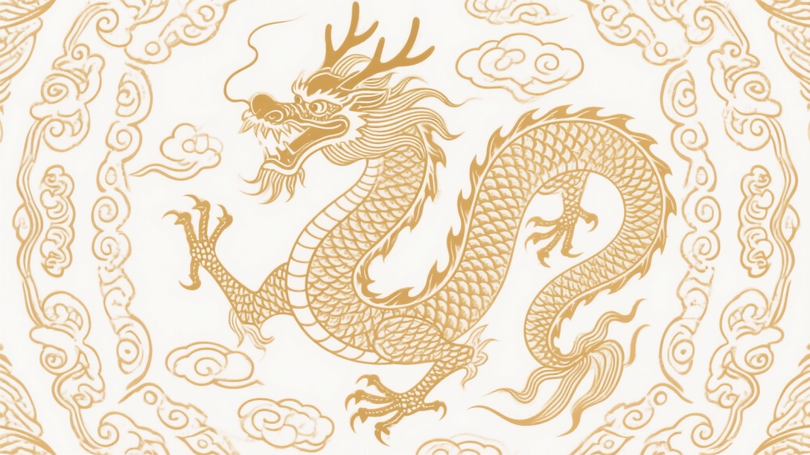 中国传统风格金色龙纹线描图案，主体为一条蜿蜒盘旋的龙，龙身覆盖细密鳞片，头部有鹿角状龙角、长须飘动，龙爪遒劲有力，周围环绕多层祥云纹，整体采用单线勾勒技法，线条流畅细腻，具有传统吉祥图案的对称美感和繁预览效果