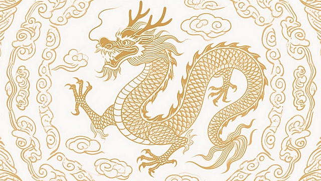 中国传统风格金色龙纹线描图案，主体为一条蜿蜒盘旋的龙，龙身覆盖细密鳞片，头部有鹿角状龙角、长须飘动，龙爪遒劲有力，周围环绕多层祥云纹，整体采用单线勾勒技法，线条流畅细腻，具有传统吉祥图案的对称美感和繁复装饰性，画面以白色为背景，金色线条勾勒出清晰的轮廓和纹理，呈现出古典、庄重、威严的东方神韵。