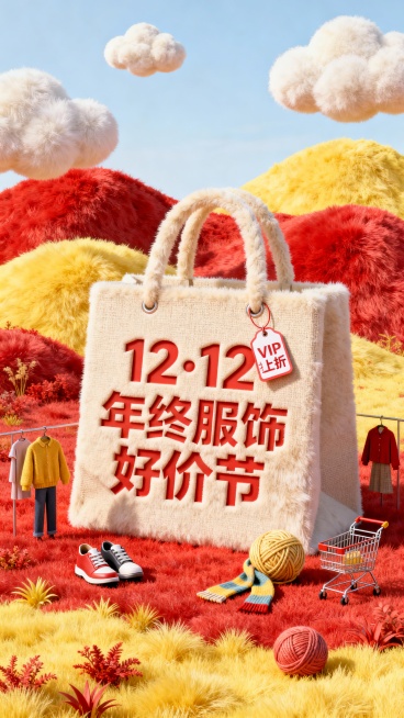 主视觉为一个大型购物袋，购物袋上展示3D文字 “12·12 年终服饰好价节”。购物袋上挂着小字标签“VIP折上折”，背景为高饱和红黄配色，微缩元素（鞋子、衣服、购物车、围巾、毛线球）装饰。预览效果