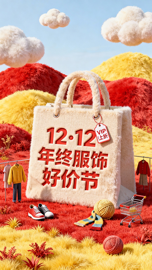 主视觉为一个大型购物袋，购物袋上展示3D文字 “12·12 年终服饰好价节”。购物袋上挂着小字标签“VIP折上折”，背景为高饱和红黄配色，微缩元素（鞋子、衣服、购物车、围巾、毛线球）装饰。