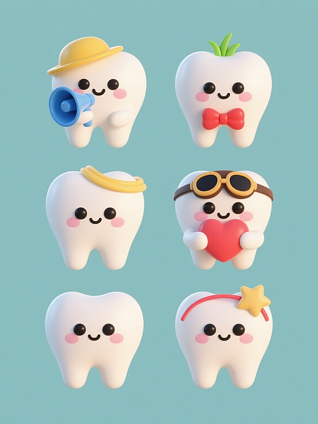 一套6个不同造型、不同形状、不同样式的卡通牙齿素材集合，保持3D立体风格，圆润光滑的白色牙齿主体，搭配Q版可爱的黑色豆豆眼和粉色腮红，每个牙齿拥有独特设计：有的戴着黄色帽子手持蓝色喇叭，有的戴着红色蝴蝶结，有的顶着绿色小草，有的戴着飞行员眼镜，有的抱着爱心，有的戴着星星发箍，整体采用纯色背景，所有牙齿元素规整排布成两行三列，保持明亮柔和的光影效果和统一的卡通萌系风格。