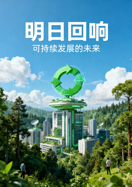静态海报设计，主题《明日回响：可持续发展的未来》，未来人与自然和谐共存，森林环绕着城市建筑，绿色循环能源，蓝天白云，充满希望的自然景观，主标题"明日回响"副标题"可持续发展的未来"，清新绿色调，创意抽预览效果