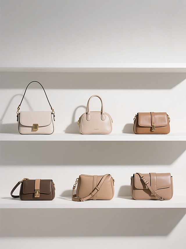 六个不同款式、不同类型、不同外观的女式包包，包括单肩包、手提包、斜挎包等，每个包包拥有独特的设计细节和颜色搭配，保持高清产品摄影风格，柔和均匀的光线从正面稍上方照射，呈现细腻的皮革质感与清晰的缝线细节，白色纯净背景，包包以整齐的两排三列方式排列，间距均匀，整体构图平衡对称，色彩和谐，突出每个包包的独立美感与整体陈列的秩序感，无任何文字、LOGO、电话地址及二维码。