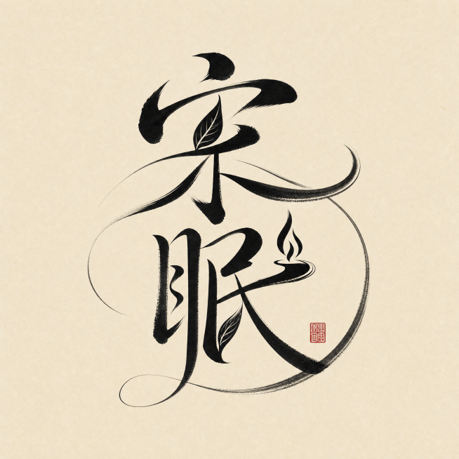 黑色字体，米色宣纸背景，干净的背景，创意手写书法字体设计两个字"宋眠"，多字融合为一个整体图形构图，将字体进行大幅度抽象变形。结合精油主题，将部分笔画替换为叶片、香薰火苗等精油相关图形元素，采用书法笔预览效果