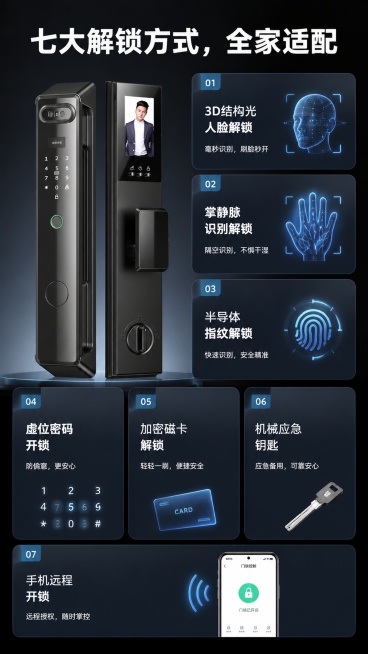 [第3屏] 核心卖点总览屏，七大开锁方式全家适配老少无忧。本屏使用【图1】作为产品展示。
[氛围/风格]：科技卡片式设计，深灰背景，分区清晰，现代简约科技感。
[元素布局]：顶部大标题，左侧展示智能锁预览效果