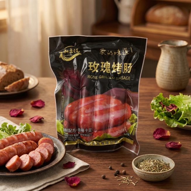 为黑色包装的玫瑰烤肠产品图生成厨房温馨餐台场景，背景为深胡桃木色餐桌，搭配新鲜生菜、切好的烤肠摆盘、玫瑰花与胡椒粒装饰，光线柔和温暖，产品完整清晰放置在画面中心，周围点缀少量香料、餐盘，整体营造美味家预览效果