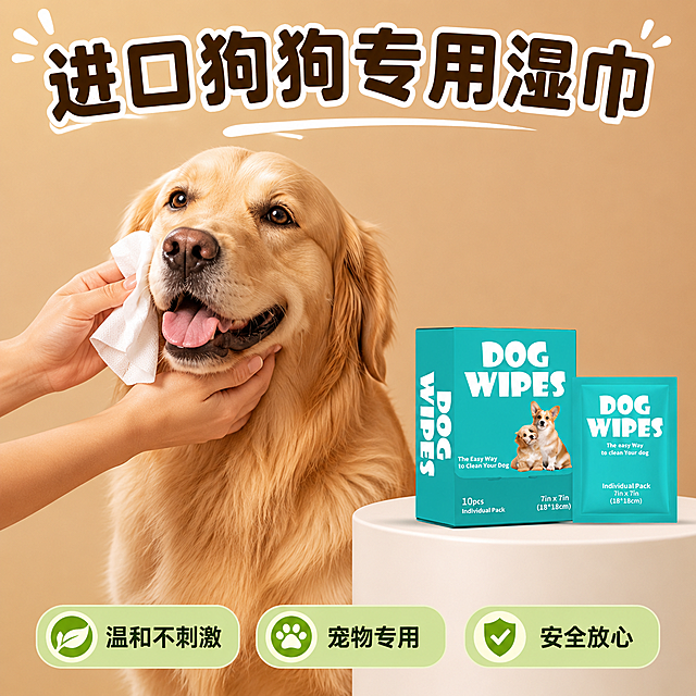 [单张主图] 进口宠物狗狗专用湿巾，爆款促销感主图，突出产品温和安全卖点。
[参考比对] 参考图风格为人宠互动场景，暖浅棕底色，产品放置在右侧展示，大狗作为情绪焦点，产品清晰展示，大字文案在下方。参考整体明亮温馨风格，保持产品包装和狗狗互动的核心构图。
[画面主体] 画面主体为金毛狗狗和主人互动，主人手持狗狗专用湿巾擦拭狗狗面部，产品盒和独立包装放置在右侧白色圆台上展示。保持狗狗湿巾包装外观（物理结构、材质质感、湖蓝色）与输入产品图绝对一致，杜绝任何变形和色差，精细化处理。狗狗毛发层次自然，状态温顺健康，商品主体占比约65%。画面满屏无边框。
[构图版式] 采用促销爆字对称型版式，顶部为主标题，中部是狗狗互动和产品展示，底部用三个卖点小标签展示核心信息。
[场景元素] 背景为暖浅棕纯色简洁背景，不抢主体，突出产品和狗狗。
[文案版式] 顶部居中最大号粗体圆润字体："进口狗狗专用湿巾"，底部三个圆角淡绿色标签，分别写：温和不刺激、宠物专用、安全放心。文字不遮挡产品主体和狗狗面部。
[光影质感] 主光为模拟自然柔光从左侧打来，均匀柔和照亮狗狗和产品，右侧浅棕背景为漫反射辅光，整体光影层次自然，产品包装和狗狗毛发清晰有质感，背景干净。
[配色字体] 主色调暖浅棕，辅助色产品湖蓝色，标签淡绿色；字体使用圆润可爱粗黑体，主标题最大，卖点标签文字缩小清晰，颜色对比分明，深字浅底易读。
[比例分辨率] 1:1 比例，2k分辨率，文字清晰可辨，画面超高清。
[负向提示词] 变形，水印，文字错乱，产品图模糊，背景杂乱，文字遮挡主体，错字，伪 Logo，畸形宠物
