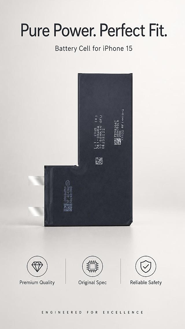 High-end minimalist product poster for iPhone 15 Battery Cell, ultra clean premium style. The battery cell product 100% restores the shape, packaging, printed text, structure, proportions, material texture, and color of the uploaded product images, using the uploaded images as the sole product source; design only affects background, lighting, props, layout, and text areas. The battery cell is centered in the frame, shown in a clean front view with soft side lighting. Background is a subtle light gray to off-white gradient with extremely soft shadows. Large elegant English headline at top: "Pure Power. Perfect Fit." Below it smaller subtitle: "Battery Cell for iPhone 15". Bottom area has three minimalist feature labels with thin line icons: "Premium Quality", "Original Spec", "Reliable Safety". Bottom text: "ENGINEERED FOR EXCELLENCE". Lots of white space, sophisticated typography, editorial design feel, soft natural lighting, matte finish aesthetic, ultra high definition product photography. All text in English. Refined and beautiful layout. Product body occupies 55%-75% of the frame, text does not obscure the main product.画面中所有信息区域必须填充完整合理的内容，不得出现空白框、空白占位、横线待填写区域、空列表项、空单元格；确保是完整可用的成品海报而非待填写模板。