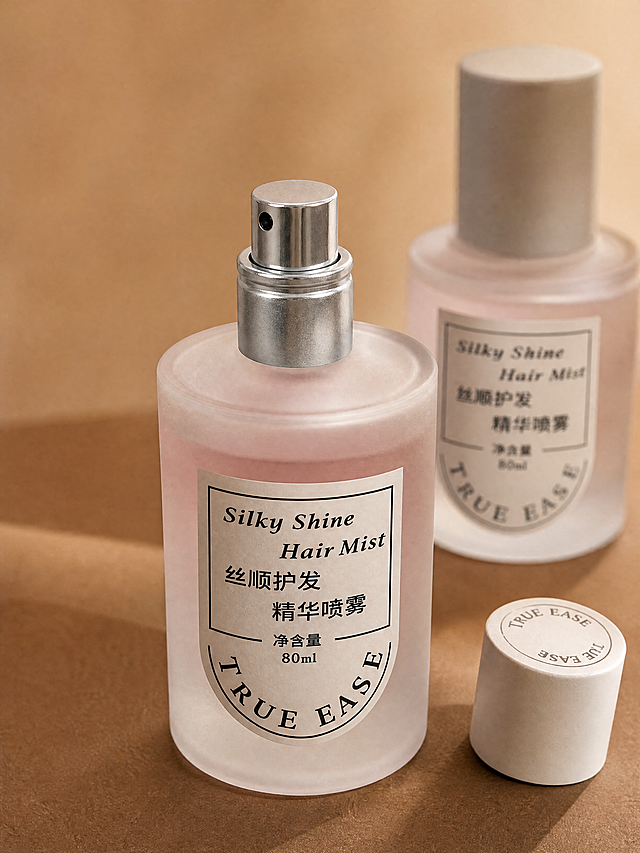 护发精华喷雾严格参照上传产品图 https://gdesign-dam-hz.dancf.com/36848358551443550/9362df3e6f34472f81964077554d8e94.jpg ，完整保留所有可见组件、部件、轮廓形状、结构比例、磨砂玻璃材质、淡粉色液体、银色喷头与产品本体标签文字信息（丝顺护发精华喷雾、Silky Shine Hair Mist、净含量80ml等），与上传图完全一致。
室内桌面特写场景，暖棕色柔和色调。
背景搭配另一瓶同款产品做虚化衬托，柔和侧前方光，产品受光面泛起暖棕金色、暗部映射浅棕光晕，与环境物理融合。
产品居中特写构图，保持产品喷头区域为视觉焦点，相对参考图微调20°微侧视角
全量换款清单：①前景主体：参考图方形透明玻璃瓶金色喷头 → 生成图圆柱形磨砂玻璃瓶银色喷头（按原图产品造型完全保留）；②背景：参考图另一瓶方形透明玻璃瓶黑色圆盖 → 生成图另一瓶同品牌护发喷雾磨砂瓶身浅灰色盖子，位置和虚化效果保留；③承载面：参考图浅米色光滑桌面 → 生成图暖棕色哑光质感桌面；④背景墙面：参考图暖棕色渐变墙面 → 生成图浅棕色渐变墙面，色调光影不变。
保留产品本体所有文字信息，消除背景水印文字。相似度80%还原参考图展示细节风格，
严格锁定宽高比为 3:4。